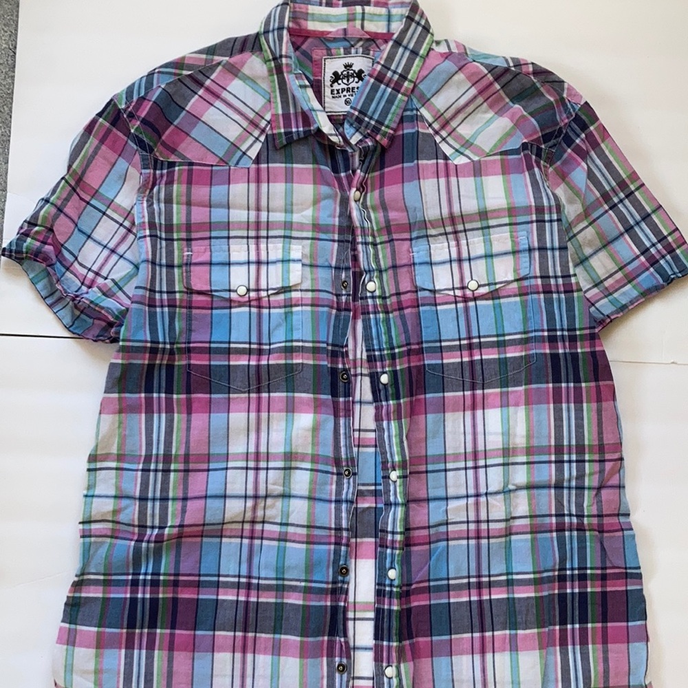 Express Shirt Pearl Snap Button Western Plaid Multicolor Front Pockets Sz XL